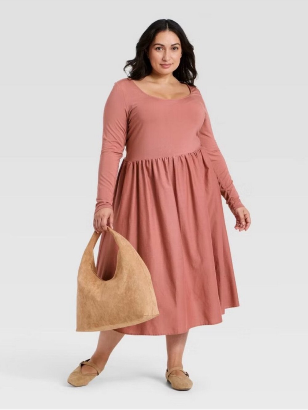 Knit Midi A-Line Dress Mauve Long Sleeve - Ava & Viv- 3x